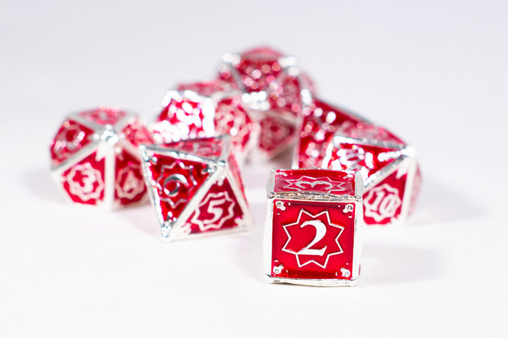 Defender 7-Dice Metal Set Silver w/ Red Fill {North Star Dice Collection}