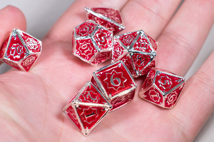 Defender 7-Dice Metal Set Silver w/ Red Fill {North Star Dice Collection}