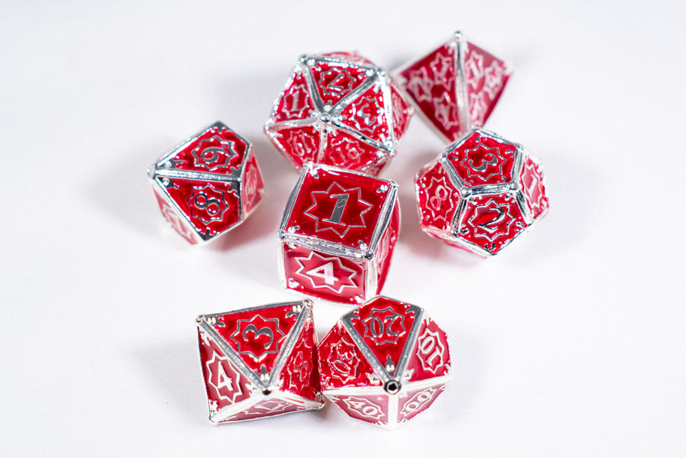 Defender 7-Dice Metal Set Silver w/ Red Fill {North Star Dice Collection}