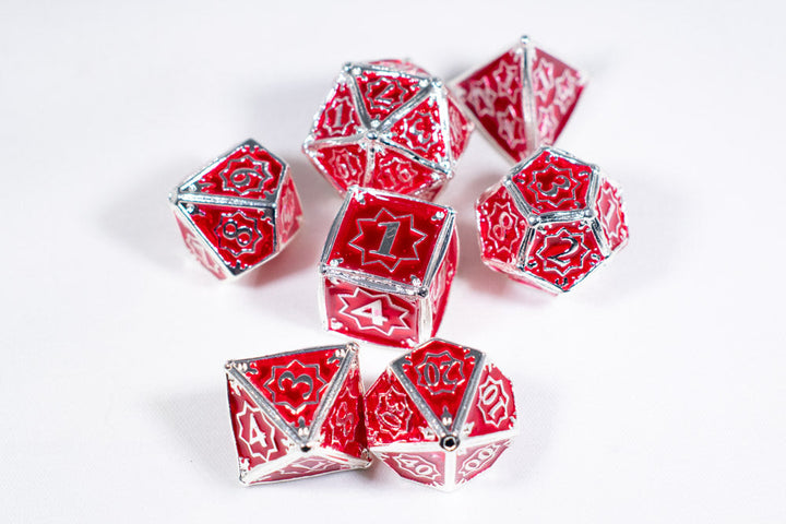 Defender 7-Dice Metal Set Silver w/ Red Fill {North Star Dice Collection}