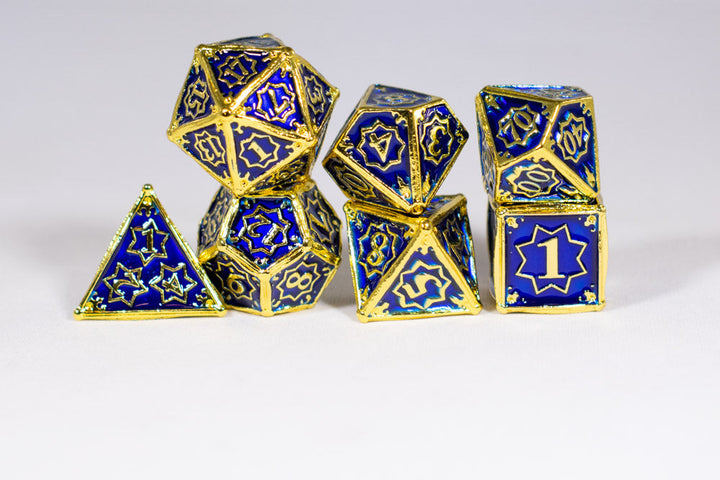 Space King 7-Dice Metal Set Gold w/ Blue Fill {North Star Dice Collection}