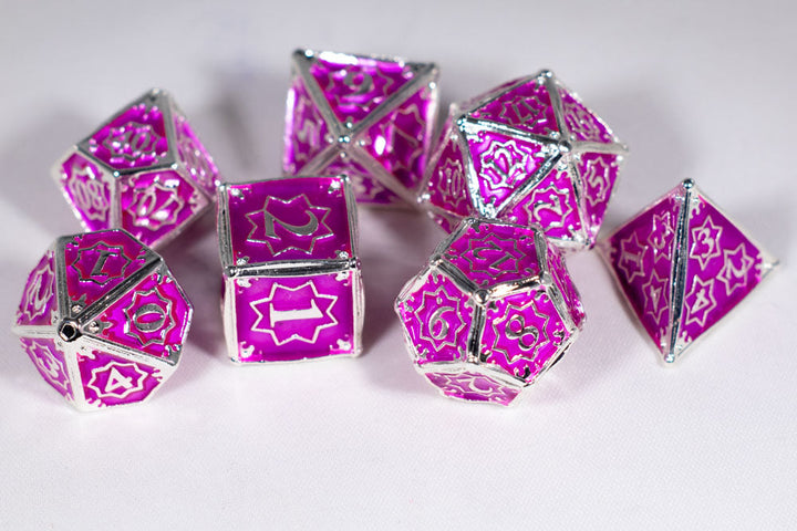 Pretty Paladin 7-Dice Metal Set Silver w/ Pink Fuschia Fill {North Star Dice Collection}