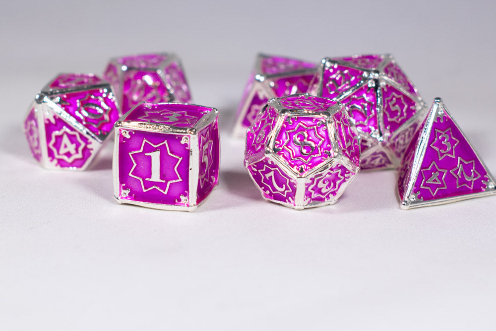 Pretty Paladin 7-Dice Metal Set Silver w/ Pink Fuschia Fill {North Star Dice Collection}