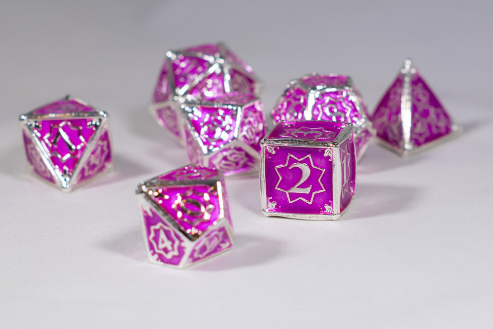 Pretty Paladin 7-Dice Metal Set Silver w/ Pink Fuschia Fill {North Star Dice Collection}