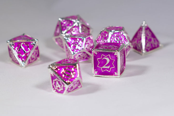 Pretty Paladin 7-Dice Metal Set Silver w/ Pink Fuschia Fill {North Star Dice Collection}