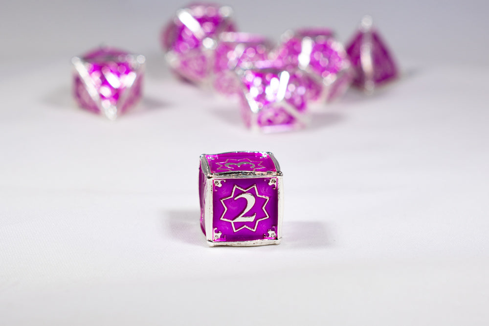 Pretty Paladin 7-Dice Metal Set Silver w/ Pink Fuschia Fill {North Star Dice Collection}