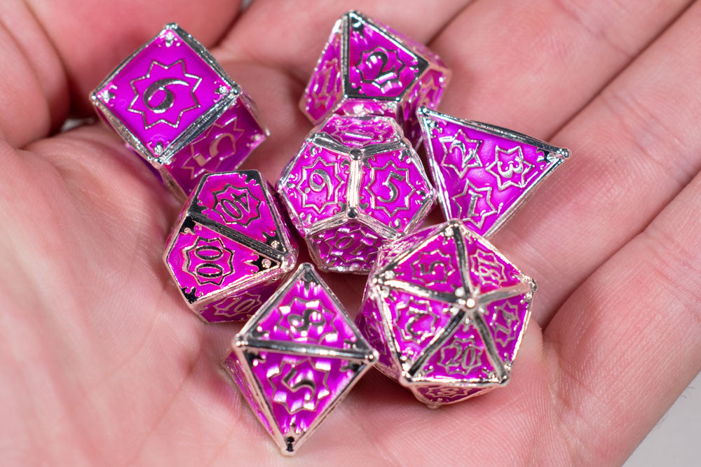 Pretty Paladin 7-Dice Metal Set Silver w/ Pink Fuschia Fill {North Star Dice Collection}
