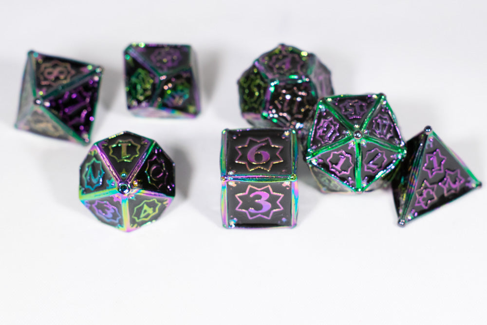 Dark Matter 7-Dice Metal Set Rainbow Metal w/ Black Fill {North Star Dice Collection}
