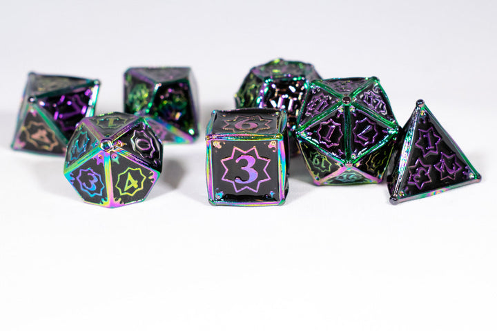 Dark Matter 7-Dice Metal Set Rainbow Metal w/ Black Fill {North Star Dice Collection}