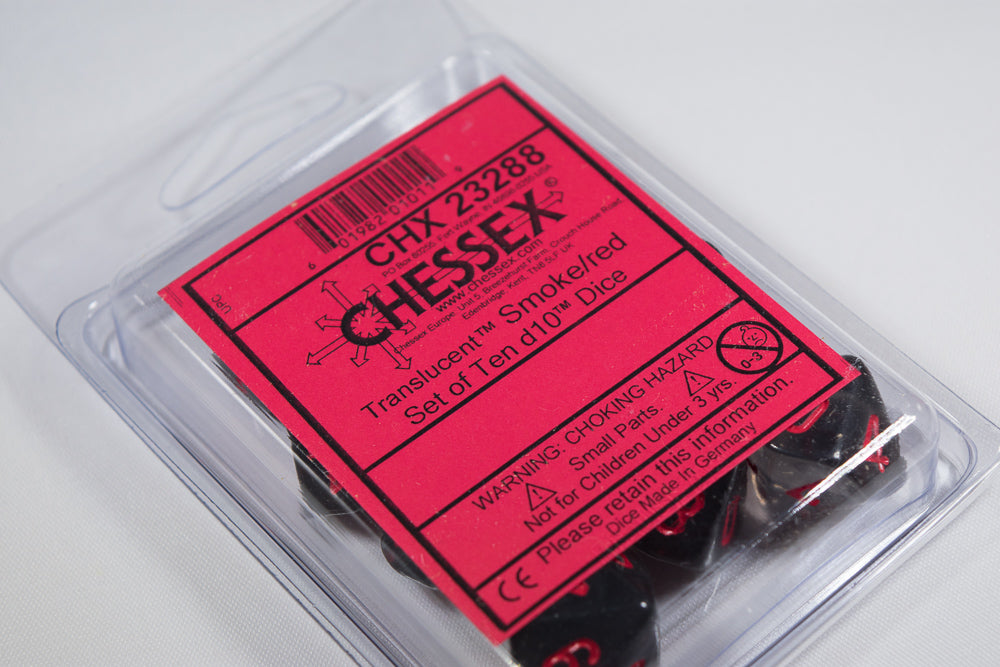 Translucent Smoke/red Set of Ten d10 Dice by Chessex CHX 23288