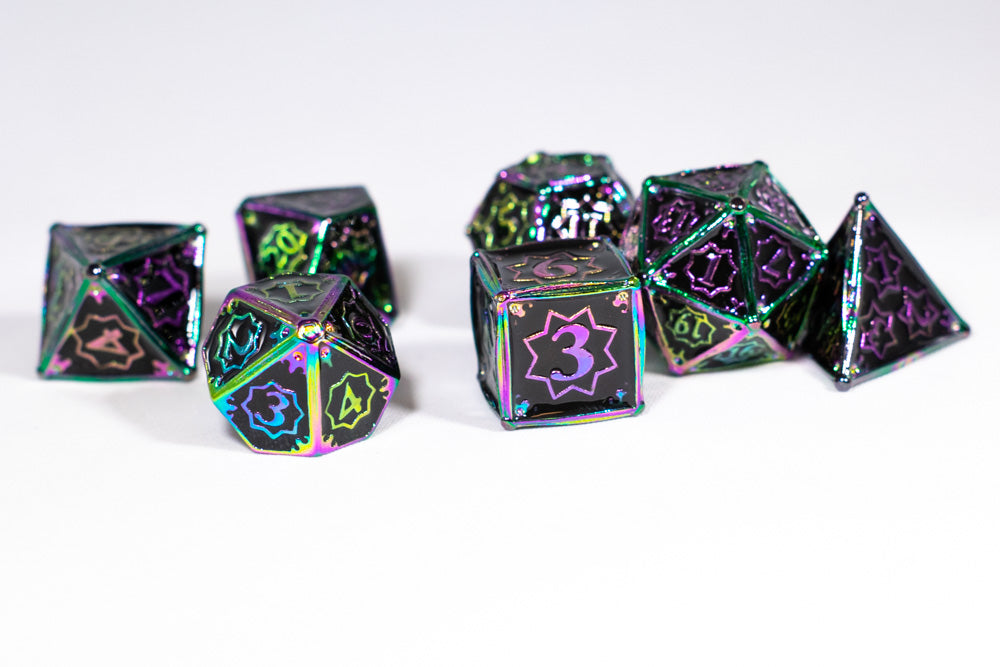 Dark Matter 7-Dice Metal Set Rainbow Metal w/ Black Fill {North Star Dice Collection}