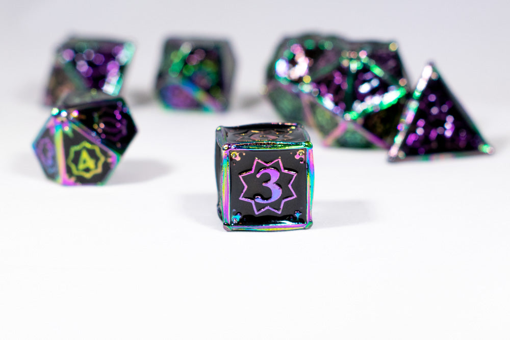 Dark Matter 7-Dice Metal Set Rainbow Metal w/ Black Fill {North Star Dice Collection}