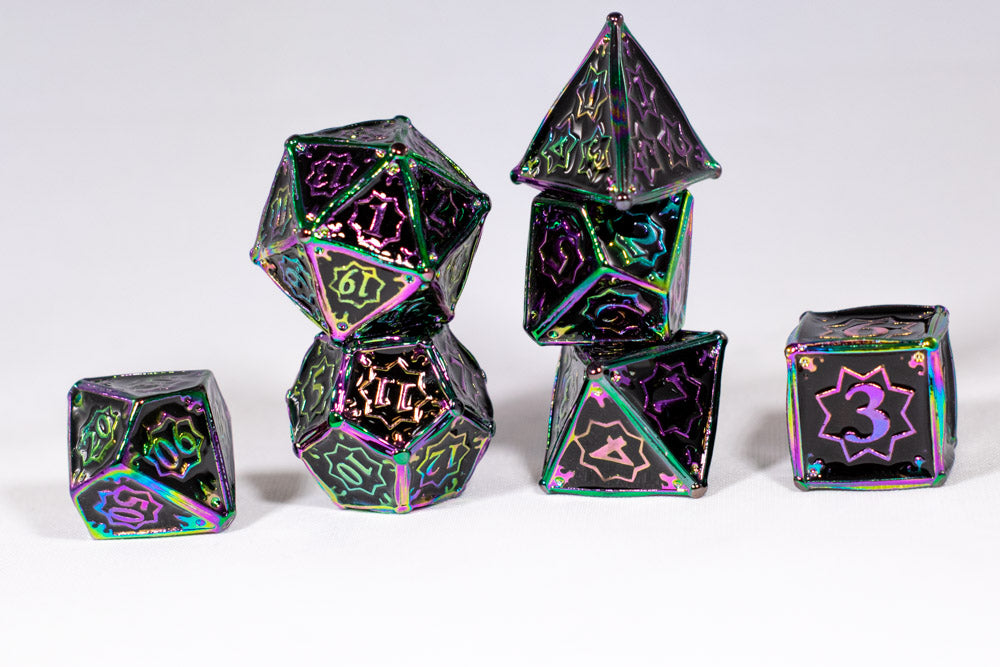 Dark Matter 7-Dice Metal Set Rainbow Metal w/ Black Fill {North Star Dice Collection}