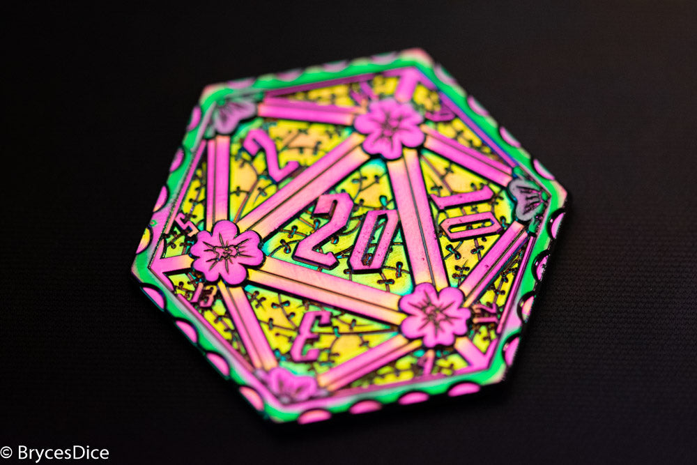 Rainbow d2 Coin Shaped like d20 w/ Purple/Yellow Tint (V2)