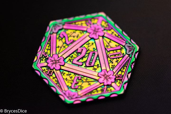 Rainbow d2 Coin Shaped like d20 w/ Purple/Yellow Tint (V2)