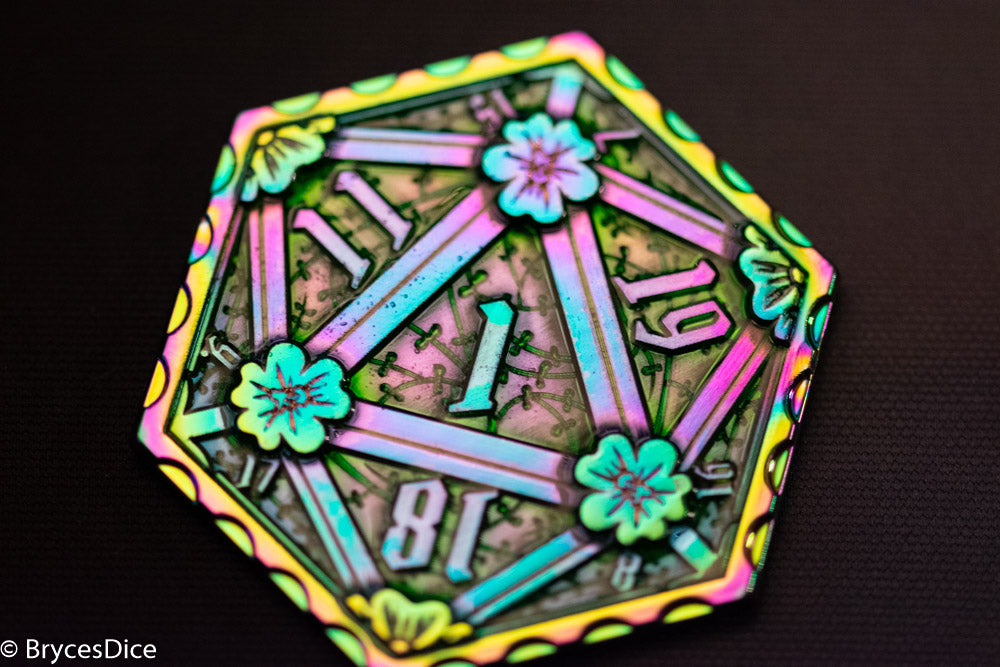 Rainbow d2 Coin Shaped like d20 w/ Purple/Green Tint (V3)