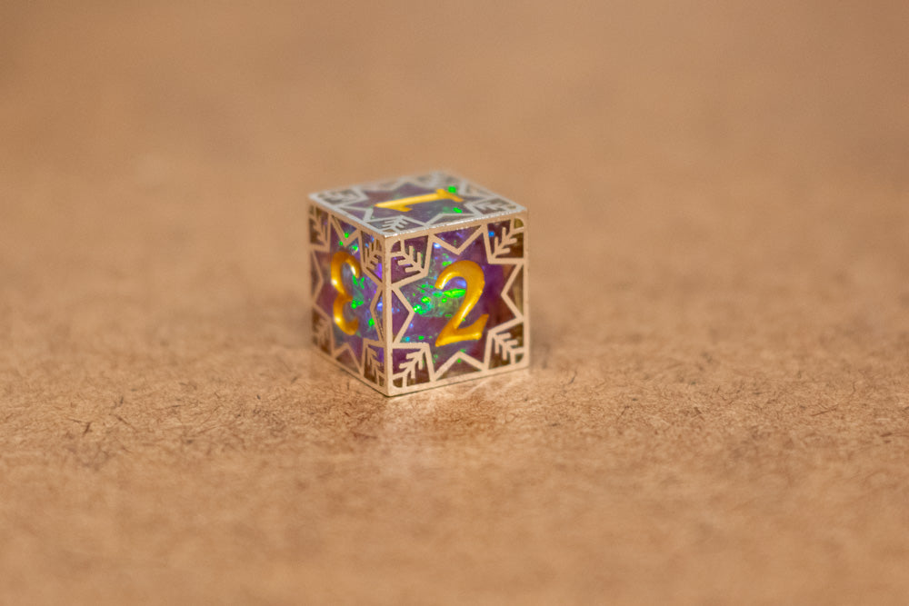 Single d20/d6 Forged in Frost (Resin Dice Encased in Metal) Permafrost/Purple/Opal/Dragon