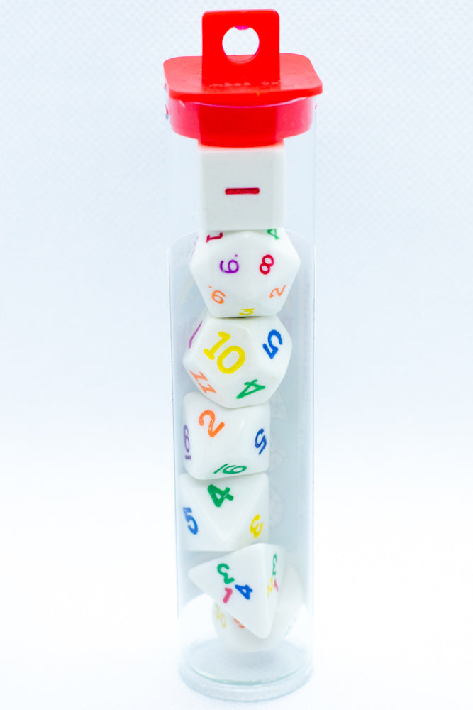 Rainbow Polyhedral Dice 7-Dice Piece Set White w/ Rainbow Color Numbers