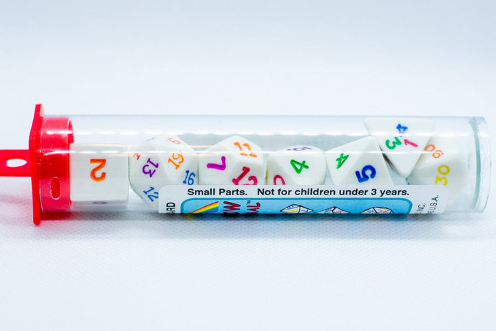 Rainbow Polyhedral Dice 7-Dice Piece Set White w/ Rainbow Color Numbers