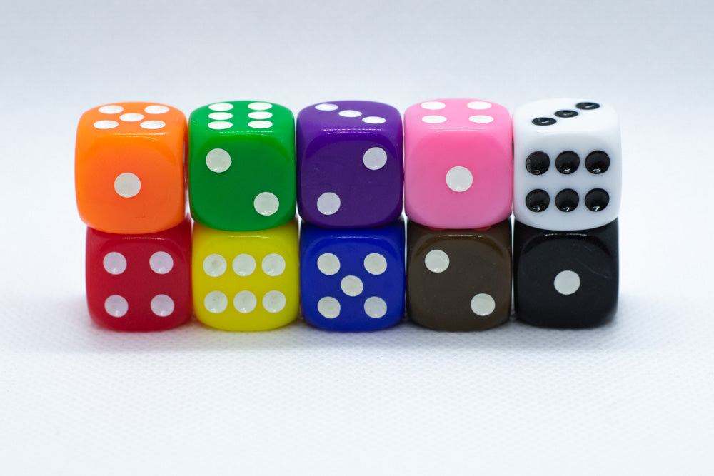 Opaque 16mm Pipped d6 Dice Red/Orange/Yellow/Green/Blue/Purple/White/Black/Pink (sold by the piece)
