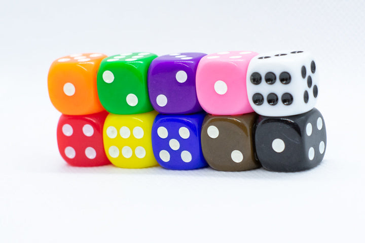 Opaque 16mm Pipped d6 Dice Red/Orange/Yellow/Green/Blue/Purple/White/Black/Pink (sold by the piece)