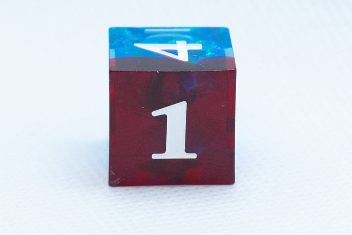 Blue on Red Sharp Edge Resin d6 / d20-Dice (Blue- Red w/ White Numbers)
