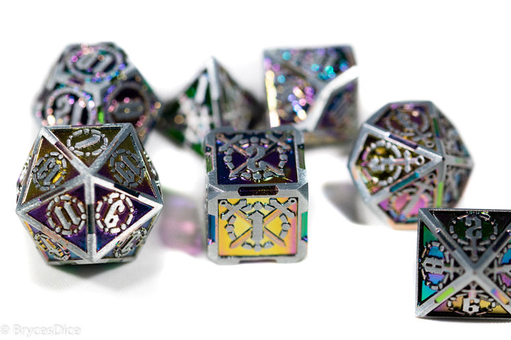 Silver w/Rainbow Inlay Sword Strengthened Metal 7-Dice Set