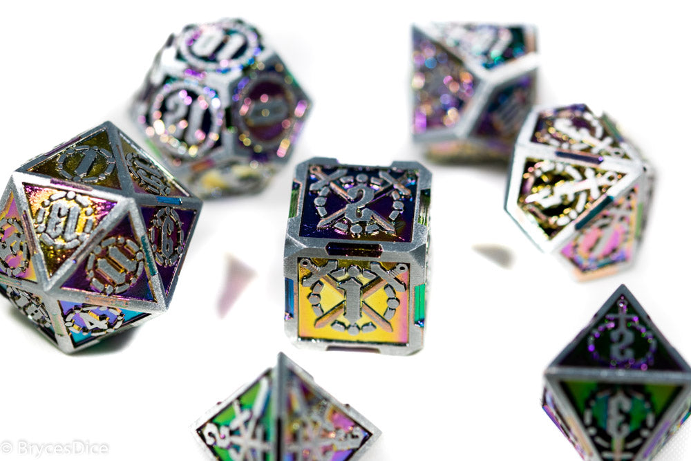 Silver w/Rainbow Inlay Sword Strengthened Metal 7-Dice Set