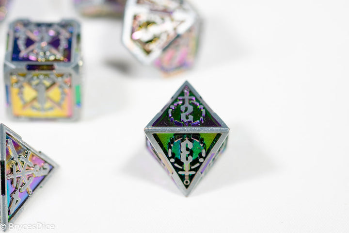 Silver w/Rainbow Inlay Sword Strengthened Metal 7-Dice Set