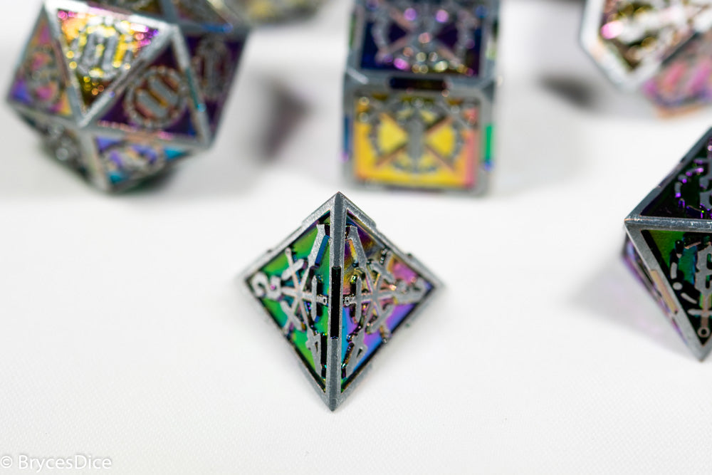 Silver w/Rainbow Inlay Sword Strengthened Metal 7-Dice Set