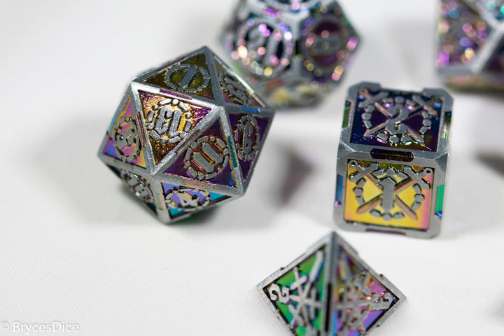 Silver w/Rainbow Inlay Sword Strengthened Metal 7-Dice Set