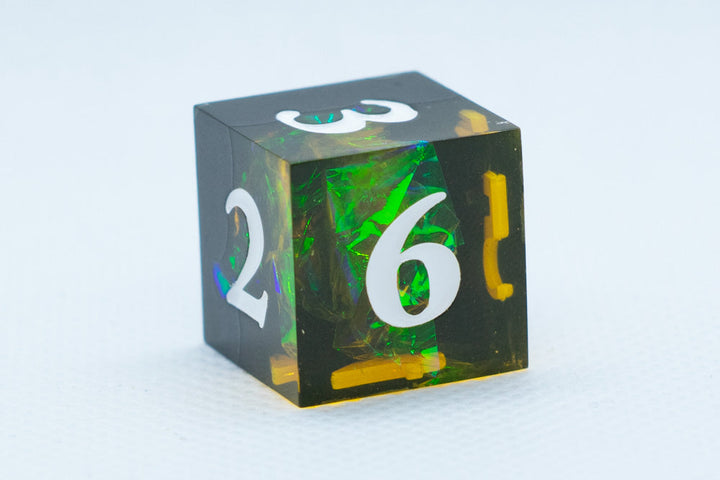 Infection Sharp Edge Resin d6/d20-Dice (Black & Yellow w/White Numbers) [subtle imperfection]