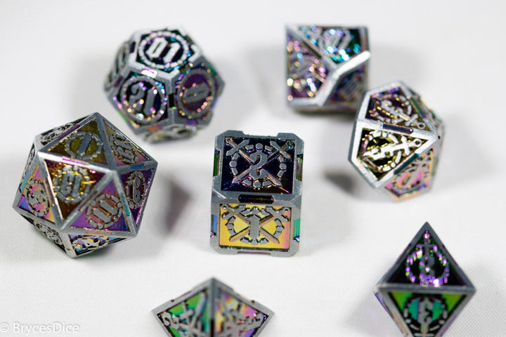 Silver w/Rainbow Inlay Sword Strengthened Metal 7-Dice Set