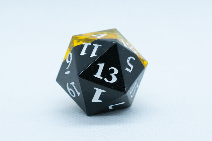 Infection Sharp Edge Resin d6/d20-Dice (Black & Yellow w/White Numbers) [subtle imperfection]