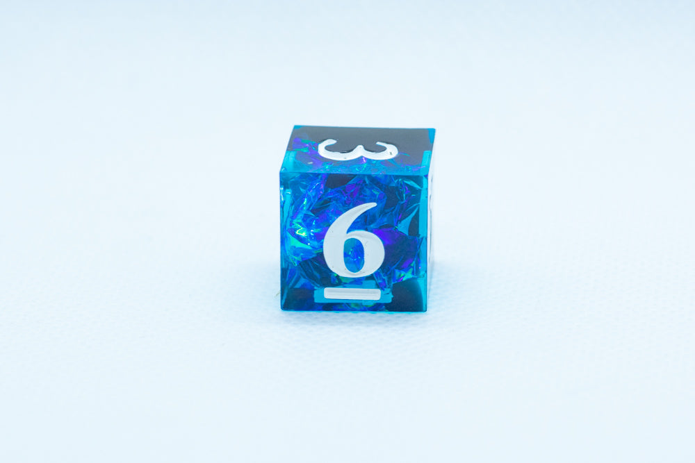 Deep Nether Sharp Edge Resin d6 / d20-Dice (Blue- Black w/ White Numbers)