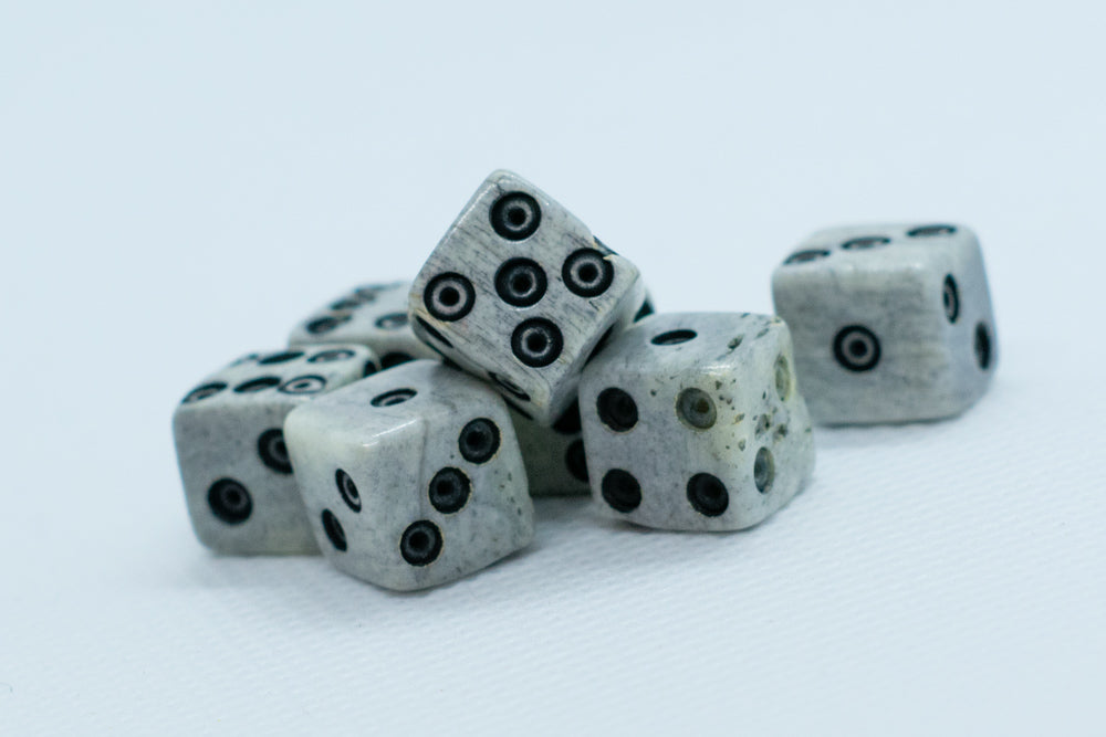 Cattle Bone Dice 10mm (Deep Eye & Ring) | Off-White Dark d6 (sold by the piece)