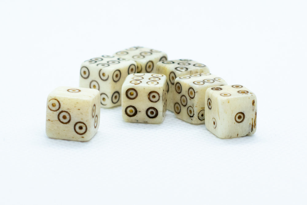 Camel Bone Dice 10mm (Deep Eye & Ring) Off-White Brown d6 (sold by the piece)