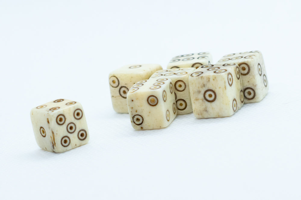 Camel Bone Dice 10mm (Deep Eye & Ring) Off-White Brown d6 (sold by the piece)