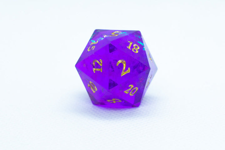 Pinnacle of Purple Sharp Edge Resin d6 / d20-Dice (Purple w/ Gold Numbers)