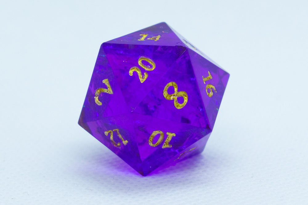 Pinnacle of Purple Sharp Edge Resin d6 / d20-Dice (Purple w/ Gold Numbers)