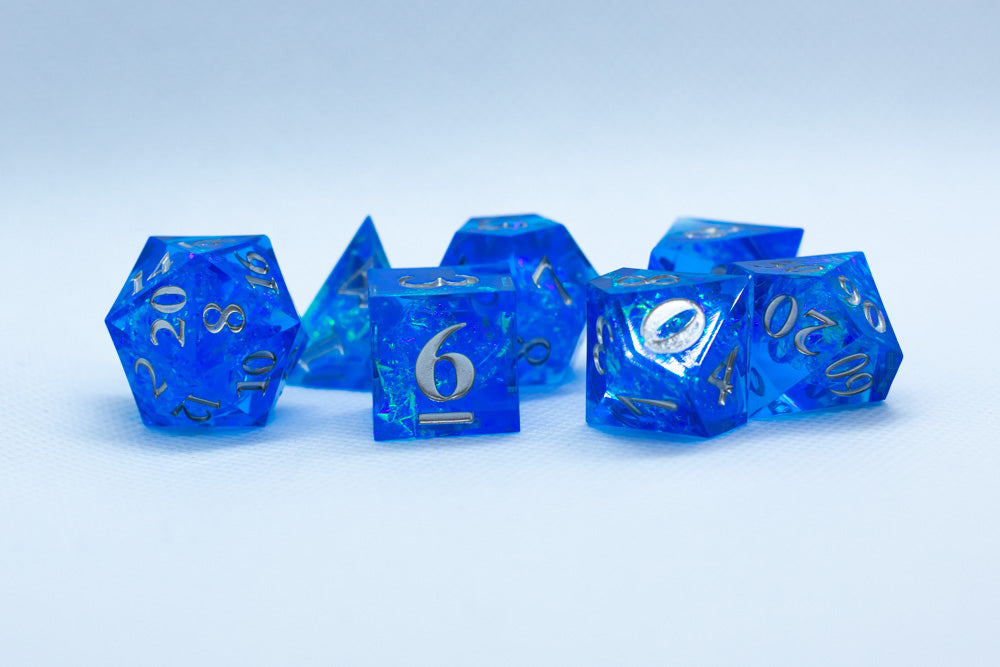 Water Sharp Resin 7-Dice RPG DND Set (w/Silver Numbers) B-Grade