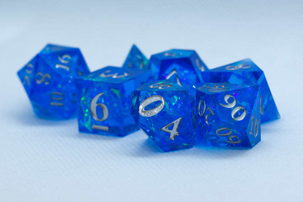Water Sharp Resin 7-Dice RPG DND Set (w/Silver Numbers) B-Grade