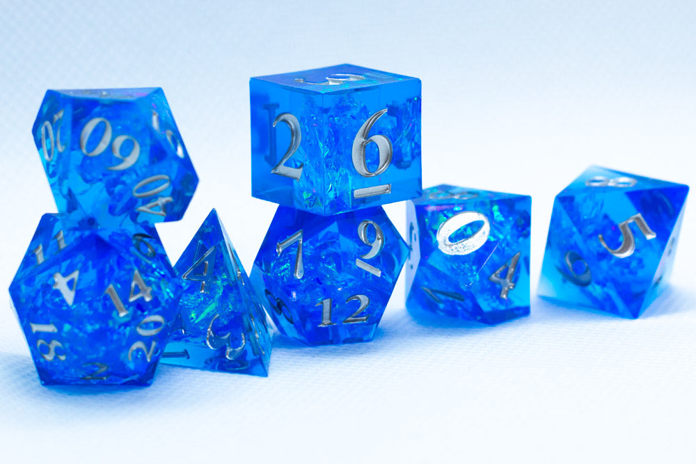 Water Sharp Resin 7-Dice RPG DND Set (w/Silver Numbers) B-Grade