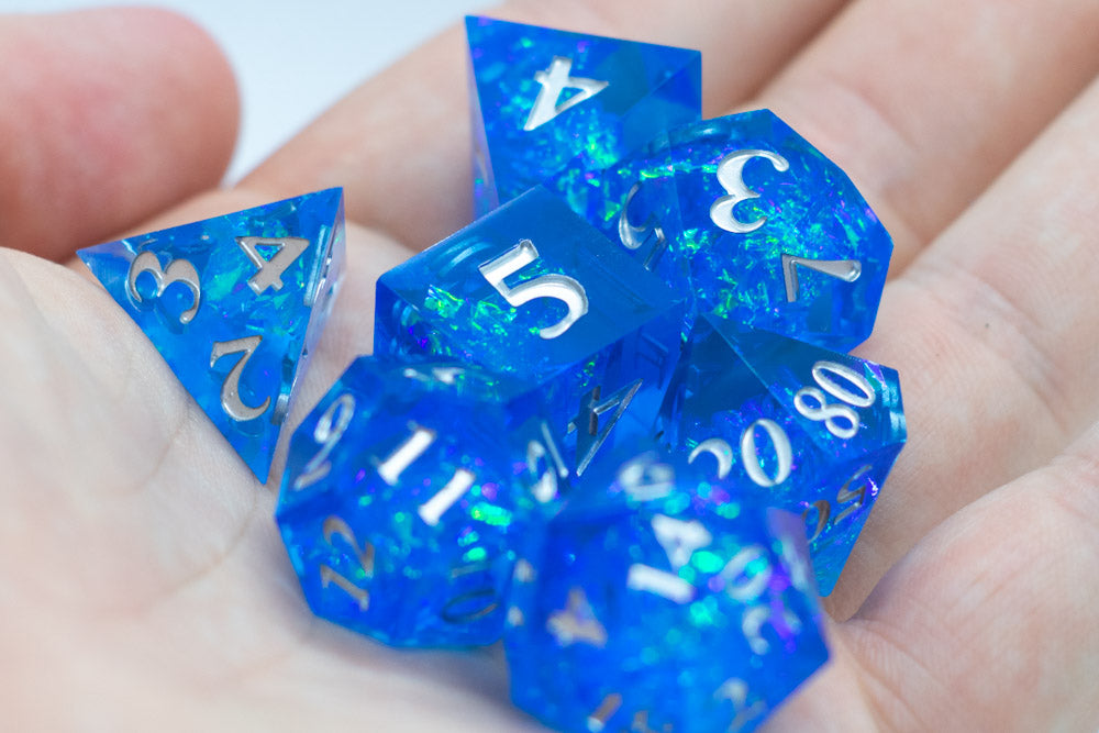 Water Sharp Resin 7-Dice RPG DND Set (w/Silver Numbers) B-Grade