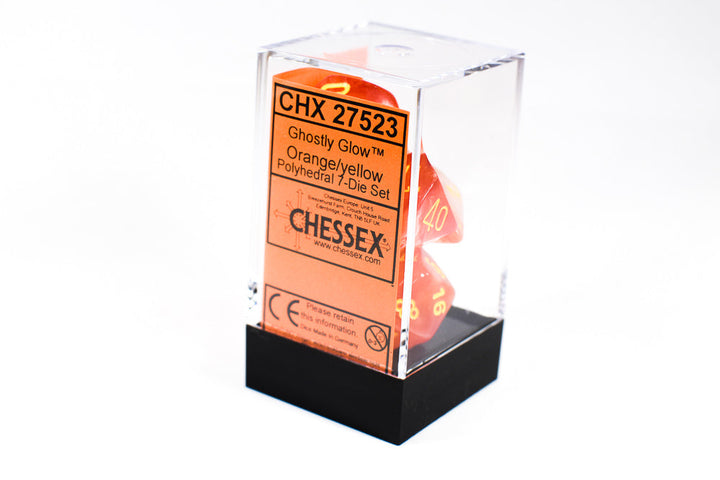 Chessex Polyhedral 7 Die Ghostly Glow Red w/ Yellow Numbers Set Of 7 Dice CHX 27523