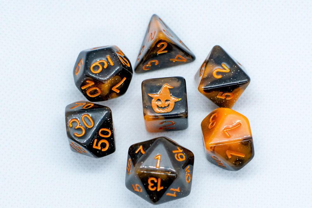 Halloween Black/Orange w/Glitter & Pumpkin 7-Dice Set RPG DND