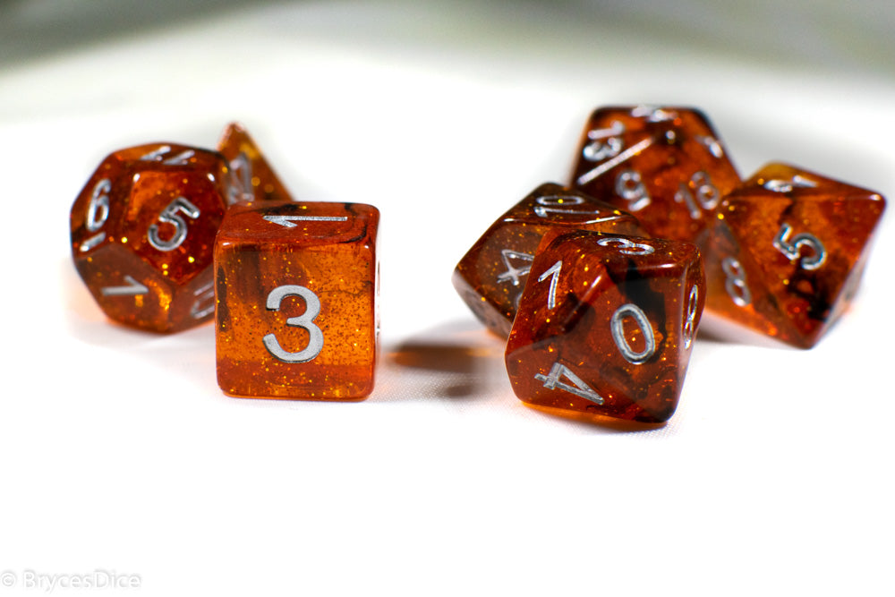 Orange w/ Black Swirl and Silver Ink 7-Dice Set DND RPG