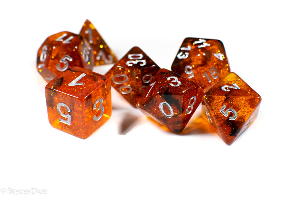 Orange w/ Black Swirl and Silver Ink 7-Dice Set DND RPG