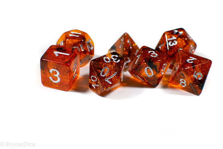 Orange w/ Black Swirl and Silver Ink 7-Dice Set DND RPG