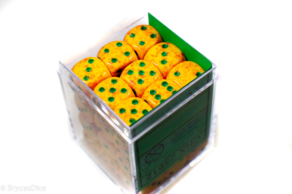 Lotus Speckled 12mm D6 Pipped (Orange/Yellow/Green) Sold by Piece